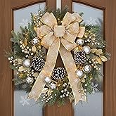 24 Inch Christmas Wreath for Front Door with Lights Golden Bow Winter Wreath Sliver Christmas Balls Pinecones Pine Needles for Wall Home Holiday Xmas Decor