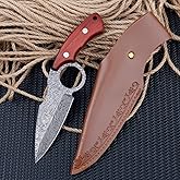 Fixed Blade Knife with Sheath, Damascus Pattern Blade, Wooden Handle, Outdoor Tools, Survival Gear, Hunting, Hiking, EDC (Red