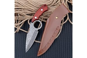 Fixed Blade Knife with Sheath, Damascus Pattern Blade, Wooden Handle, Outdoor Tools, Survival Gear, Hunting, Hiking, EDC (Red