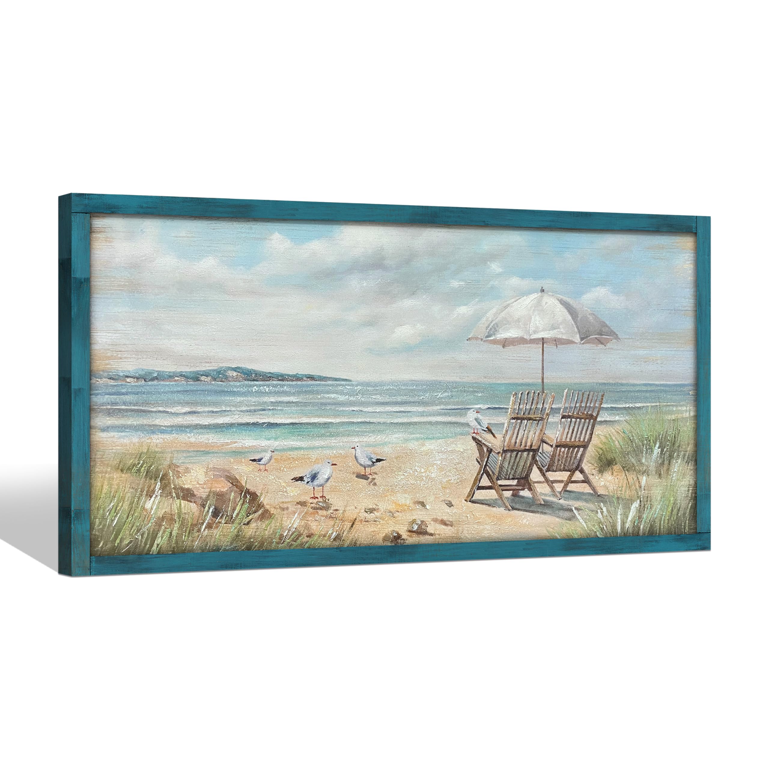 Photo 1 of Seascape Wooden Framed Wall Art: Abstract Beach Chair Picture Coastal Seagull Print Blue Ocean Painting Lagre Textured Seaside Artwork for Living Room 60"x30"
