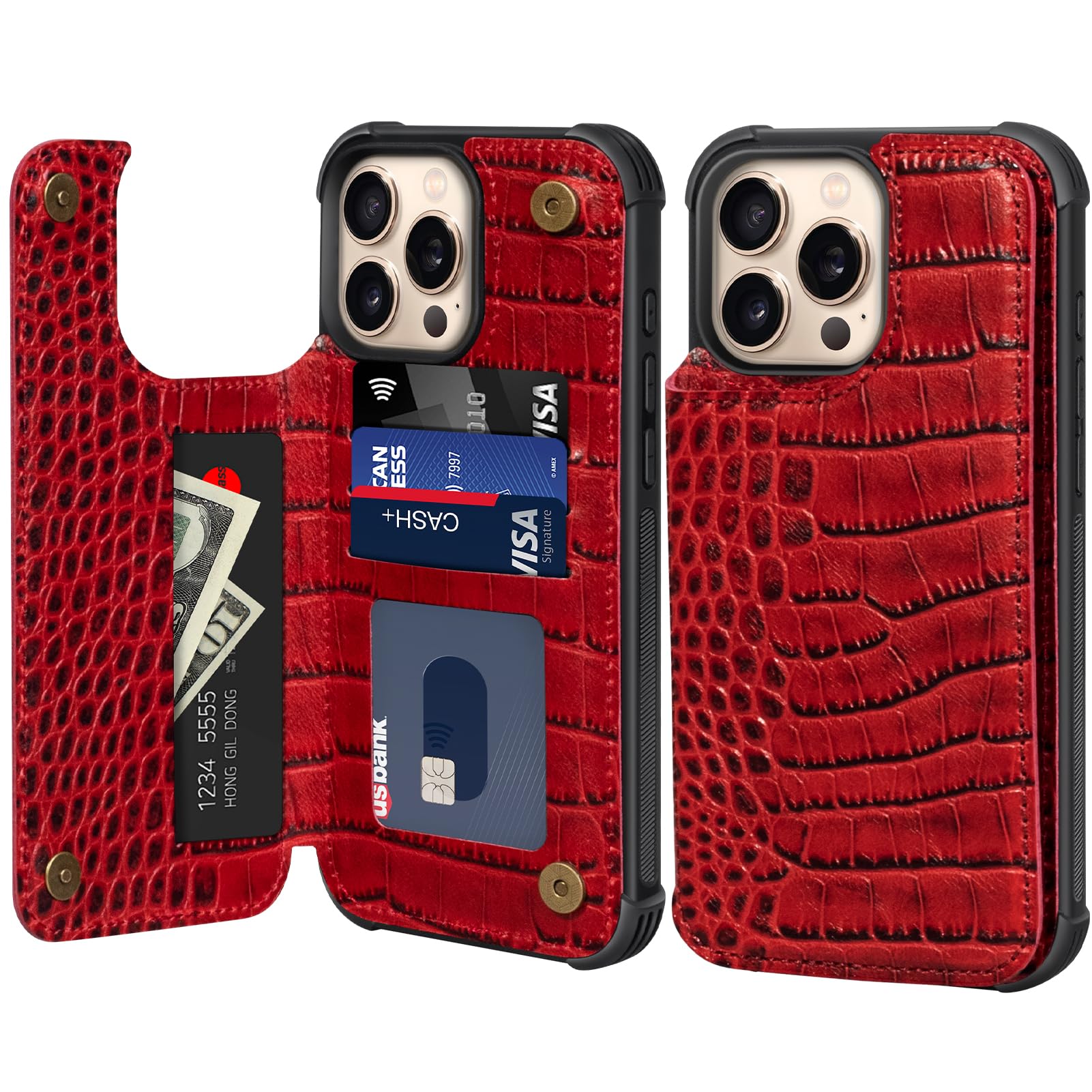 RMAWRAD Wallet Real Leather Case Compatible with iPhone 16 Pro Max 6.9" ，Genuine Leather，Shockproof, Anti-Fall Case, Flip Cover, with Card Slot, Double Magnetic Buckle, Kickstand,Red