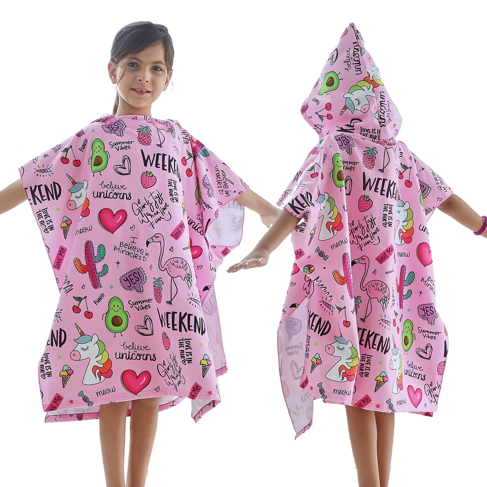 KAKU NANU Kids Poncho Hooded Towels 6-14 Years Old,Exquisite Pattern Beach Swimming Bath Towels with Hood for Boys Girls Children
