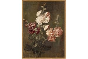ARPEOTCY Vintage Framed Hollyhocks Wall Art, Bedroom Bathroom Dark Floral Art Farmhouse Wall Decor, Canvas Prints, Rustic Kitchen Retro Paintings Room Decor, 12x16 Inch