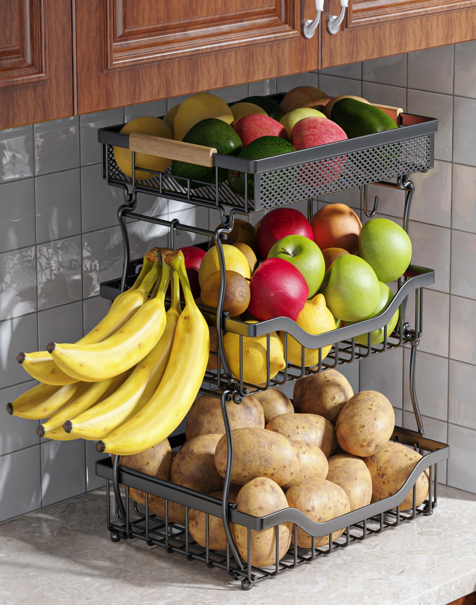 Photo 1 of OKZEST 3-Tier Fruit Basket for Kitchen Counter, Wall Hanging Fruit Bowl and Kitchen Countertop Organizer with 2 Banana Hangers, Fruit Storage Stand for Storing Potato Onion Snack Bread Fruit Veggie