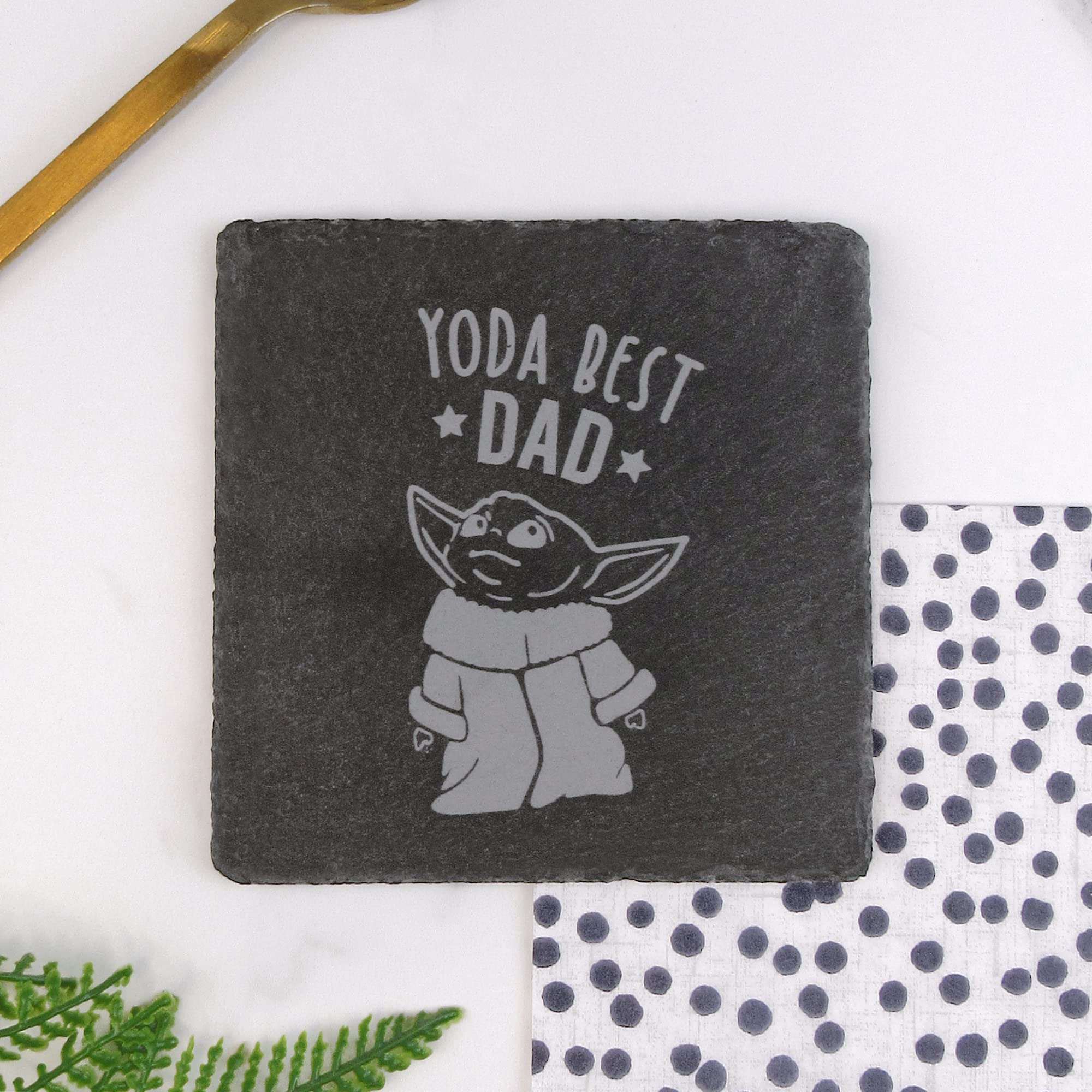 eBuyGB Personalised Square Slate Coaster, Baby Yoda Best Dad, Father's Day Gift, Birthday Present, Engraved Drinks Coaster