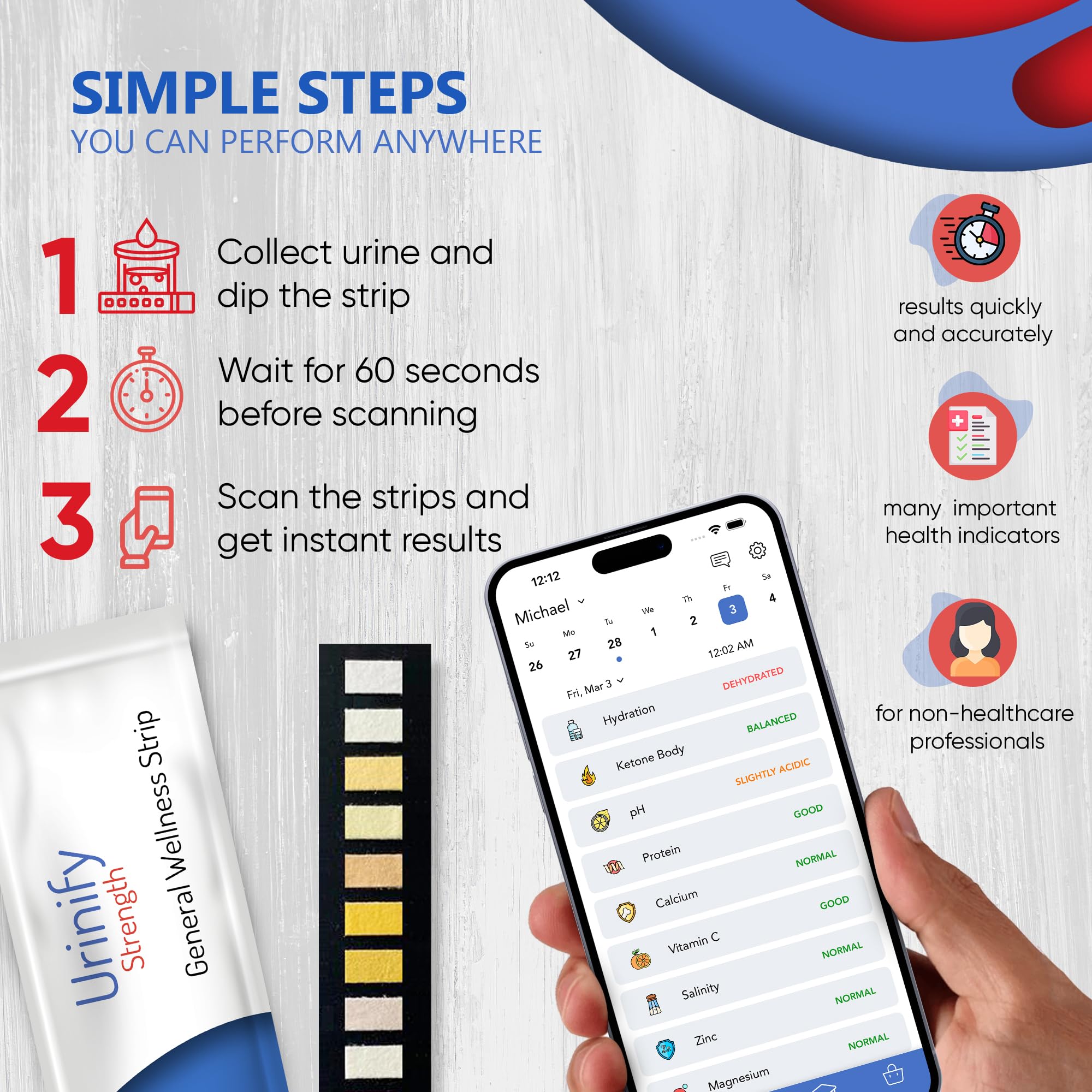 Mobile App Urine Test Strips -Trusted at Home Sodium, Salinity, Magnesium, Calcium, Electrolytes, Hydration, pH, Vitamin C, Protein, Keto Urinalysis Test Kit - Strength Kit (6 Strips)
