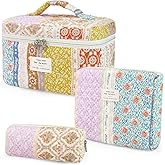 Givurao 3Pcs Cotton Quilted Makeup Bag for Women Girls, Large Floral Cosmetic Bag Set Cute Makeup Brushes Aesthetic Accessories Storage Bag Travel Toiletry Bag Organizer for Women