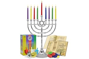 NER MITZVAH Hanukkah Menorah Complete Set - Menorahs for Chanukah - Includes Menorah, Hanukkah Candles, Dreidels, Play Coins, Chanukah Guide