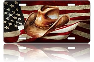 TINALUIN American Flag Cowboy Hat License Plate Western Cowboy License Plate Stainless Steel Front License Plate Vanity Tag Funny for Car Decorative Accessories for Women Men 6 X 12 Inch with 4 Holes