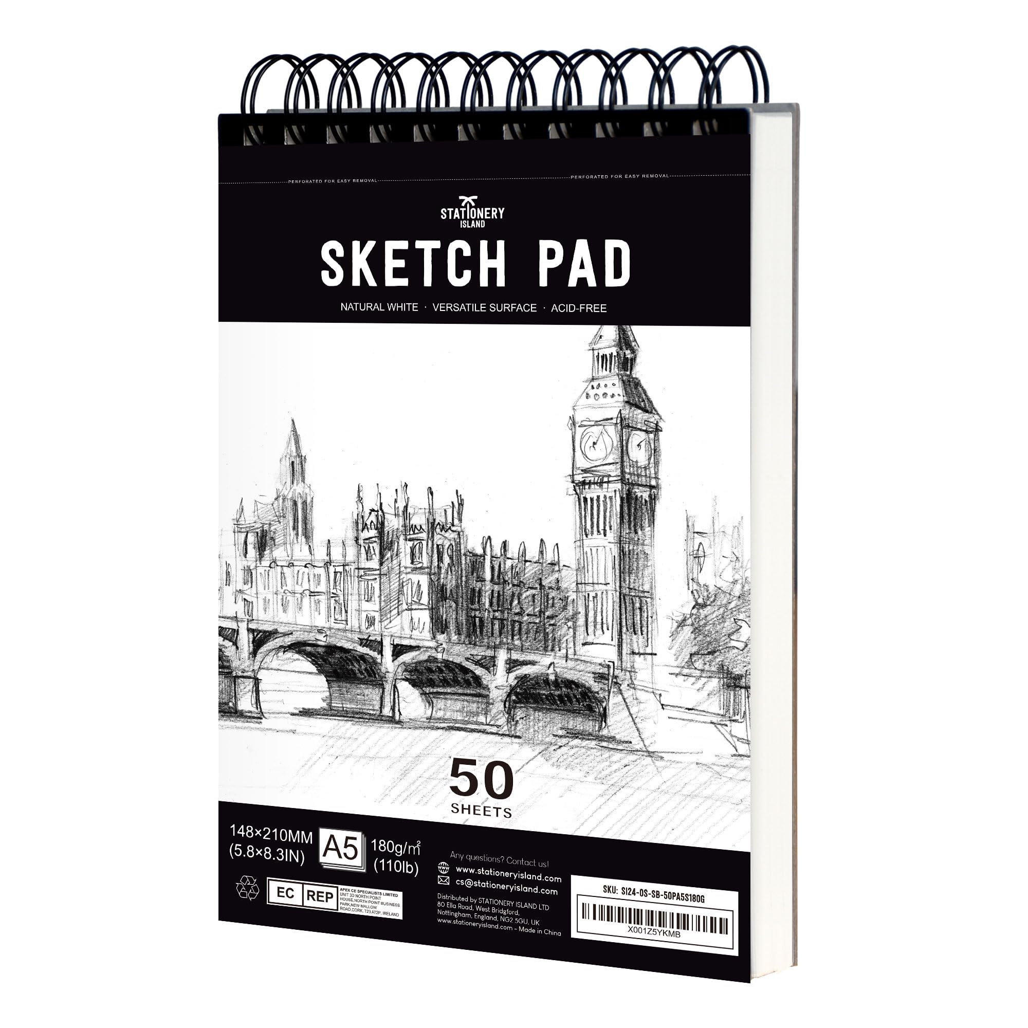 STATIONERY ISLAND Sketch Pad, A5 Sketch Book 180 g/m² Thick Paper, 100 Pages / 50 Sheets Spiral Bound Sketchbook 1 Pack