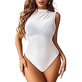 Avidlove Mesh Bodysuits for Women Mock Neck Sheer Sleeveless Shirts Ruched Bodysuit Tops White S