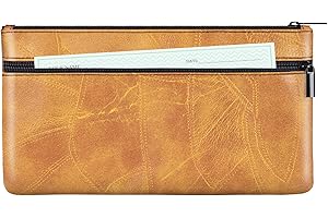 HAUTOCO Money Bag with Zipper 11 x 6.1 inch Embossed Deposit Money Pouch with Lined PU Leather Bank Bag Two Pockets Utility Wallet for Cash Check Receipt Coins Cosmetics, Brown