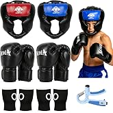 11 PCS Boxing Gear Set with Headgear Complete Boxing Training Equipment Kit | Boxing Headgear, Gloves, Hand Support Braces &amp; Grip Strengthener - Adult &amp; Kids