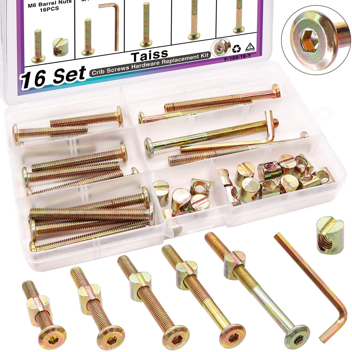 Taiss 16 Set Crib Screws and bolts,M6 furniture screws 40/50/60/70/80mm,Hex Socket m6 screws and barrel nuts/wrenches,m6 bolts and nuts Furniture Crib bed bolts Replacement Kit