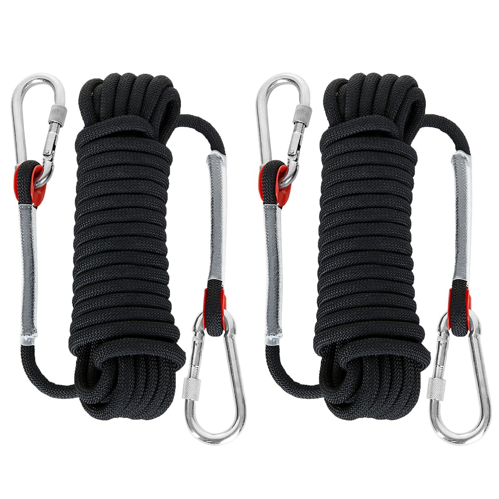 LOLYSIC 2Pcs 10mm x 10M Black Rope, Multifunctional Nylon Ropes with Carabiners, Hanging Rope String for Outdoor & Indoor Bundling, Clothesline, Camping, Hiking, Fishing