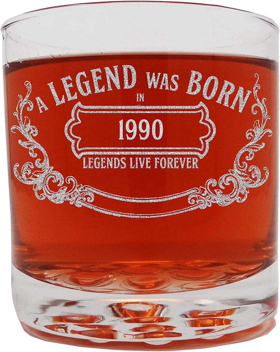 Birthday Whiskey Glass – Etched Legend Funny Glass – 10.25 oz Whiskey Glass for Women and Men – Vintage Whiskey Supplies – Born in 1990 Birthday Accessory