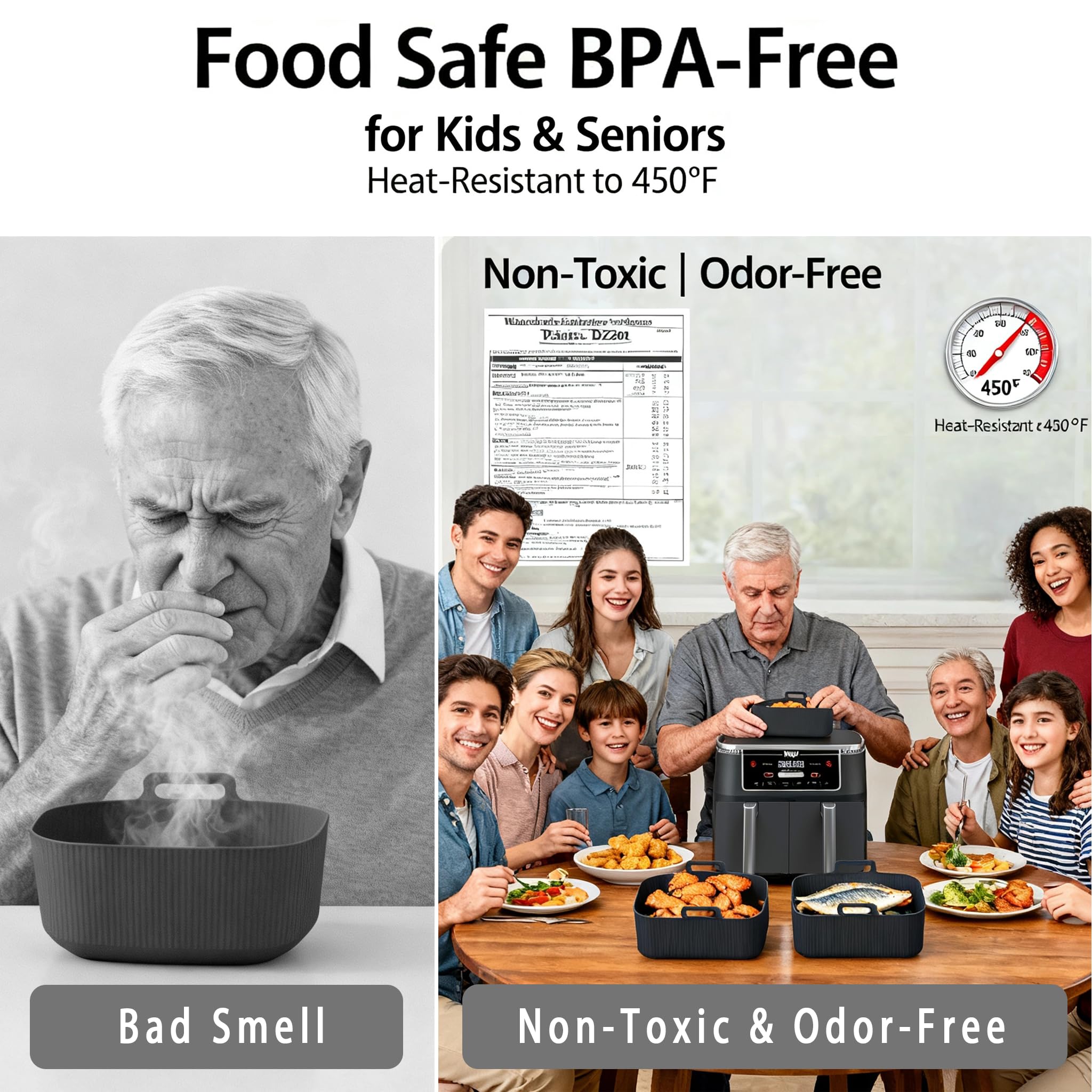 Silicone Air Fryer Liners for Ninja - Reusable DZ201 8QT Dual Basket - Rectangular 2-Pack Vacuum-Packed Easy-Clean Dishwasher-Safe Food-Safe for Home Chefs - Christmas & Housewarming Gifts