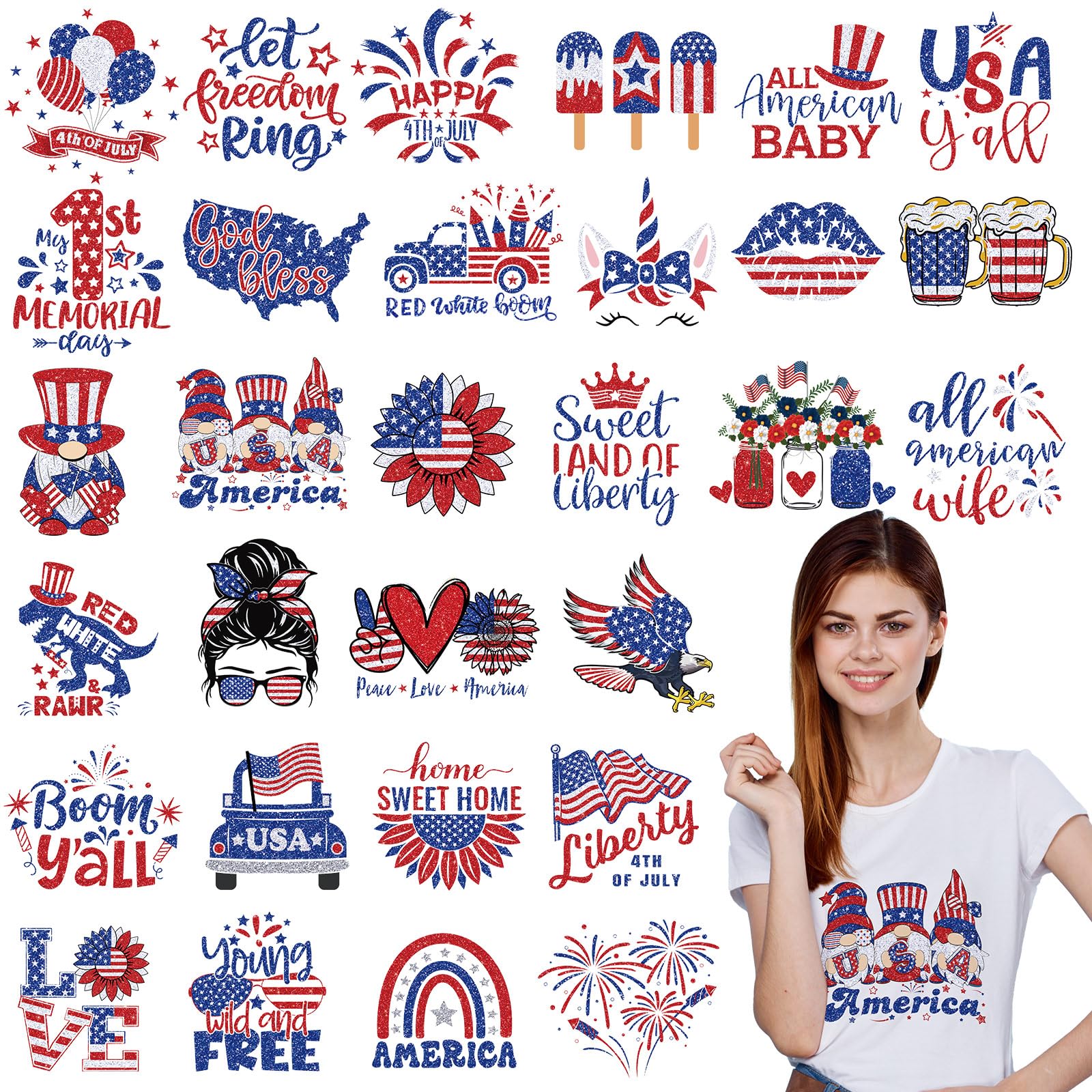 Photo 1 of Estune 30 Pcs Patriotic Iron on Transfers 4th of July Iron on Decals Patches Appliques Heat Transfers Vinyl Cute Memorial Day Decals for Clothes Bag Pillow Covers DIY(Flag Style)