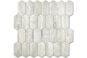 Vamos Tile Long Hexagon Peel and Stick Backsplash Tile - 10 Sheets Stick on Backsplash for Kitchen and Bathroom 12.4 x 12 Inch Beige Slate Look PVC Self Adhesive Mosaic Wall Tiles