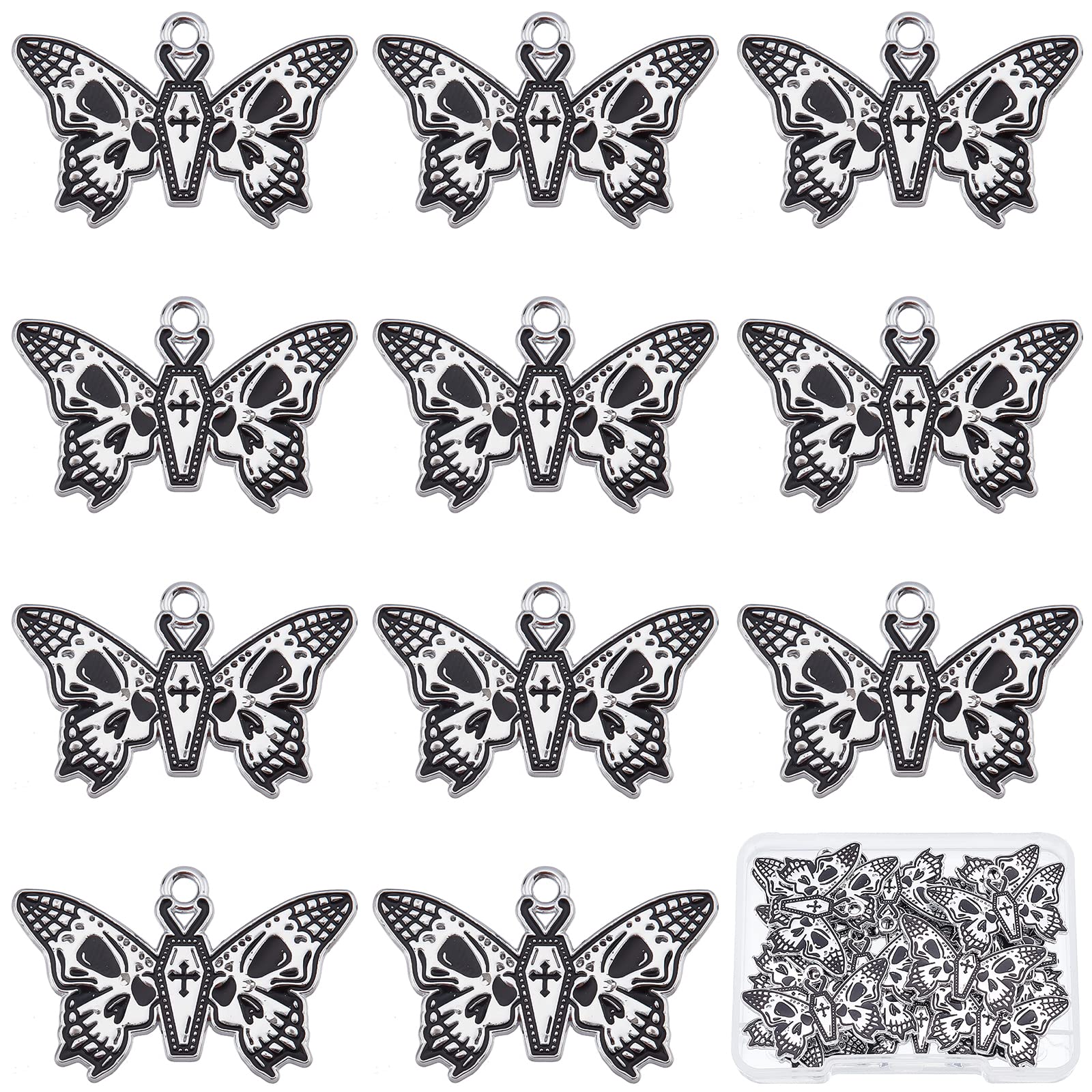 SUNNYCLUE 1 Box 20Pcs Butterfly Skull Charm Enamel Butterfly Charms Bulk Black Alloy Butterflies Skulls Charm for Jewellery Making Halloween Necklace Bracelet Earrings Jewellery DIY Accessories — image 1