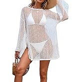 Famnbro Women Swimsuit Cover Up Crochet Sparkly Sheer Summer Bathing Suit Side Slits Kaftan Sequins Dress Beach Outfits