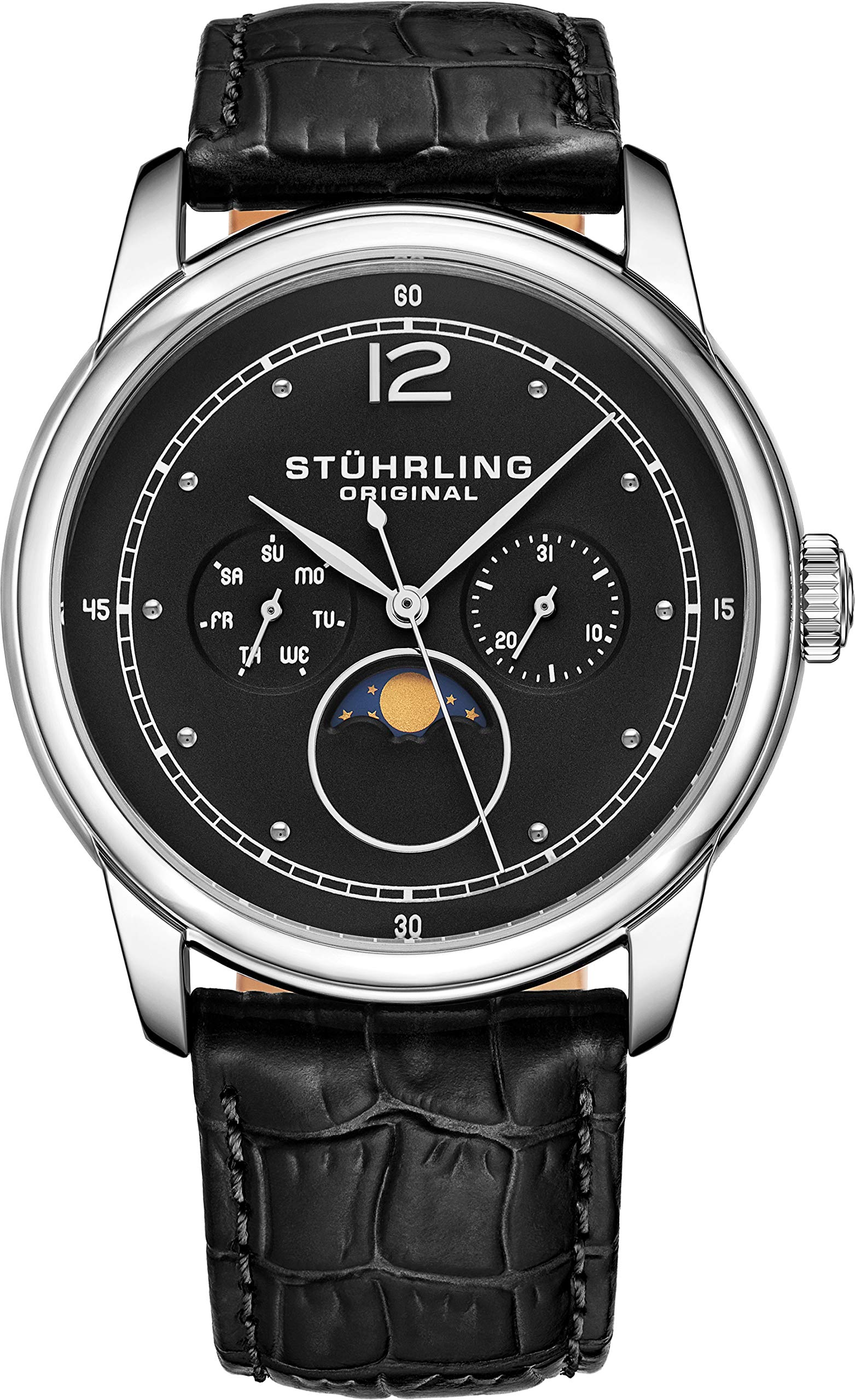 Stuhrling Original Mens MoonPhase Dress Watch - Stainless Steel Case and Leather Band - Analog Dial with Day of The Week and Date Celestia Mens Watches Collection (Black)
