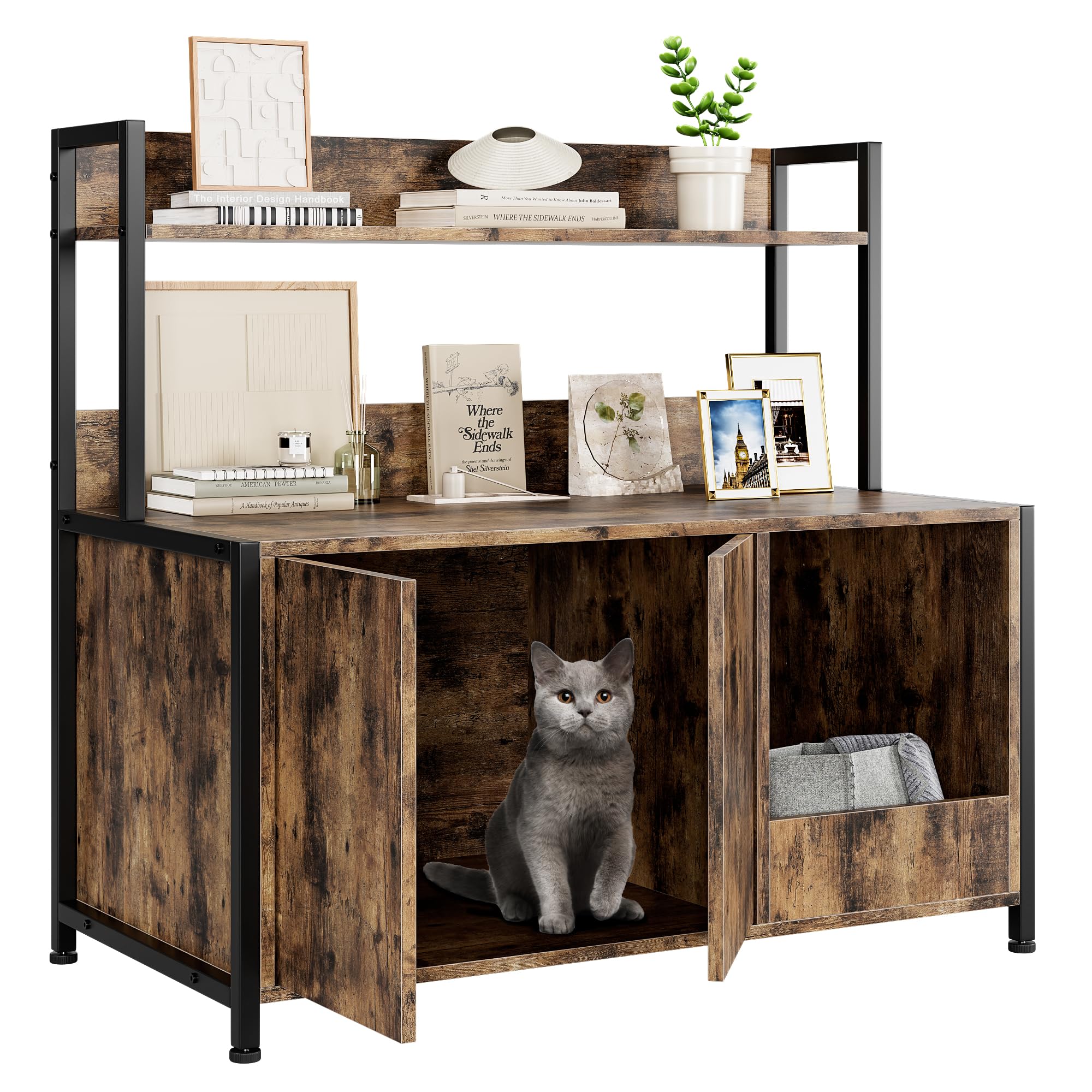 Photo 1 of **MISSING PARTS**Litter Box Enclosure with Shelves Storage, 2-in-1 Hidden Litter Box with Doors, Cat Wooden Washroom Furniture with Scratching Pad, Pet Storage Cabinet, Indoor Litter Box Furniture, Rustic Brown