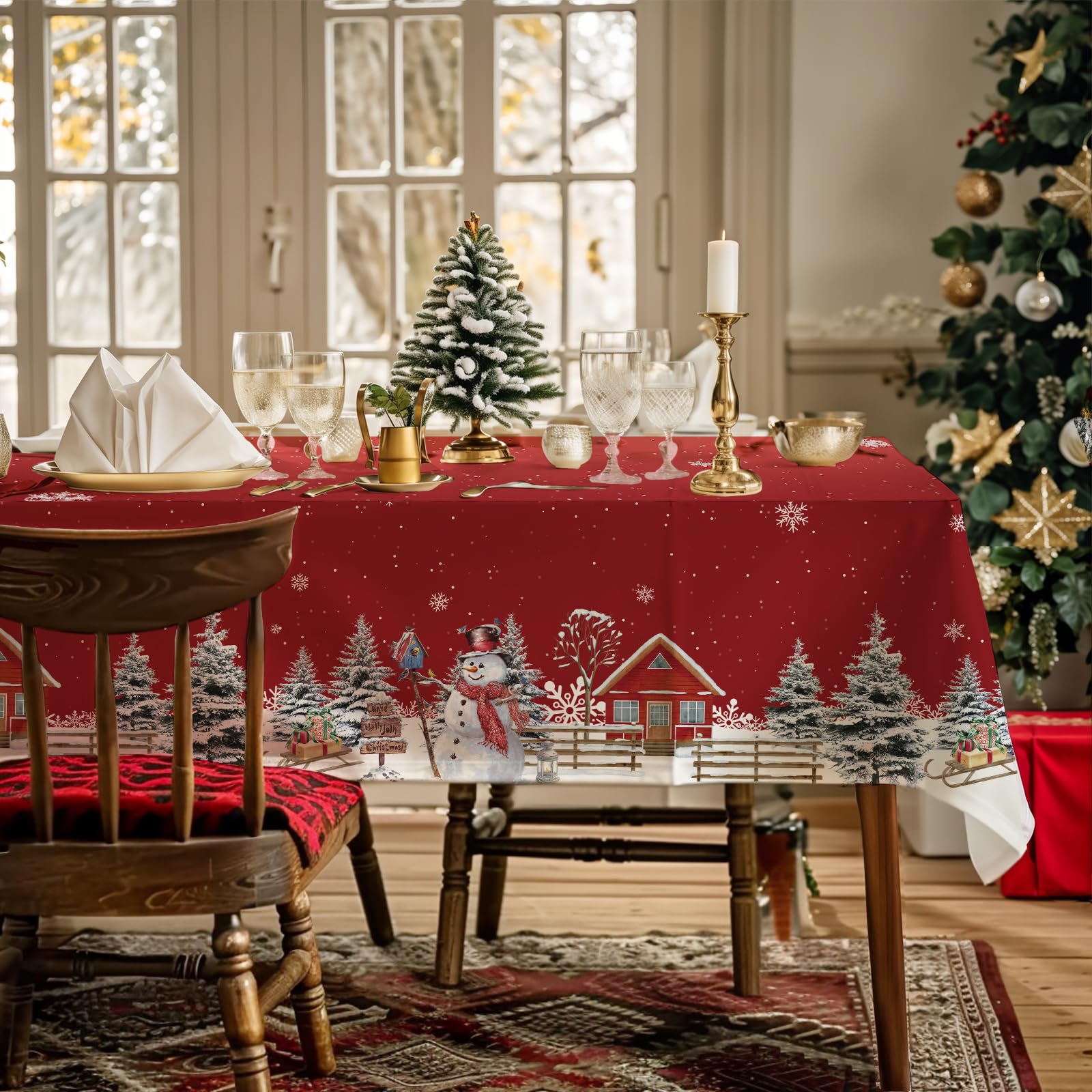 AIBIIN 142x259cm Christmas Tablecloth Winter Snowman Snowflakes House Christmas Trees Red Washable Table Cover for Dining Room Picnic Party Table Decor Supplies