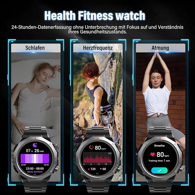 Smartwatch Herren Damen, Militär Smart Watch mit Telefonfunktion, 1,39"HD Touchscreen, IP68 Wasserdicht Sportuhr, 110+Sportmodi Fitness Tracker, Herzfrequenz, Schlafmonitor, Fitnessuhr für iOS Android — Foto 5 von 7