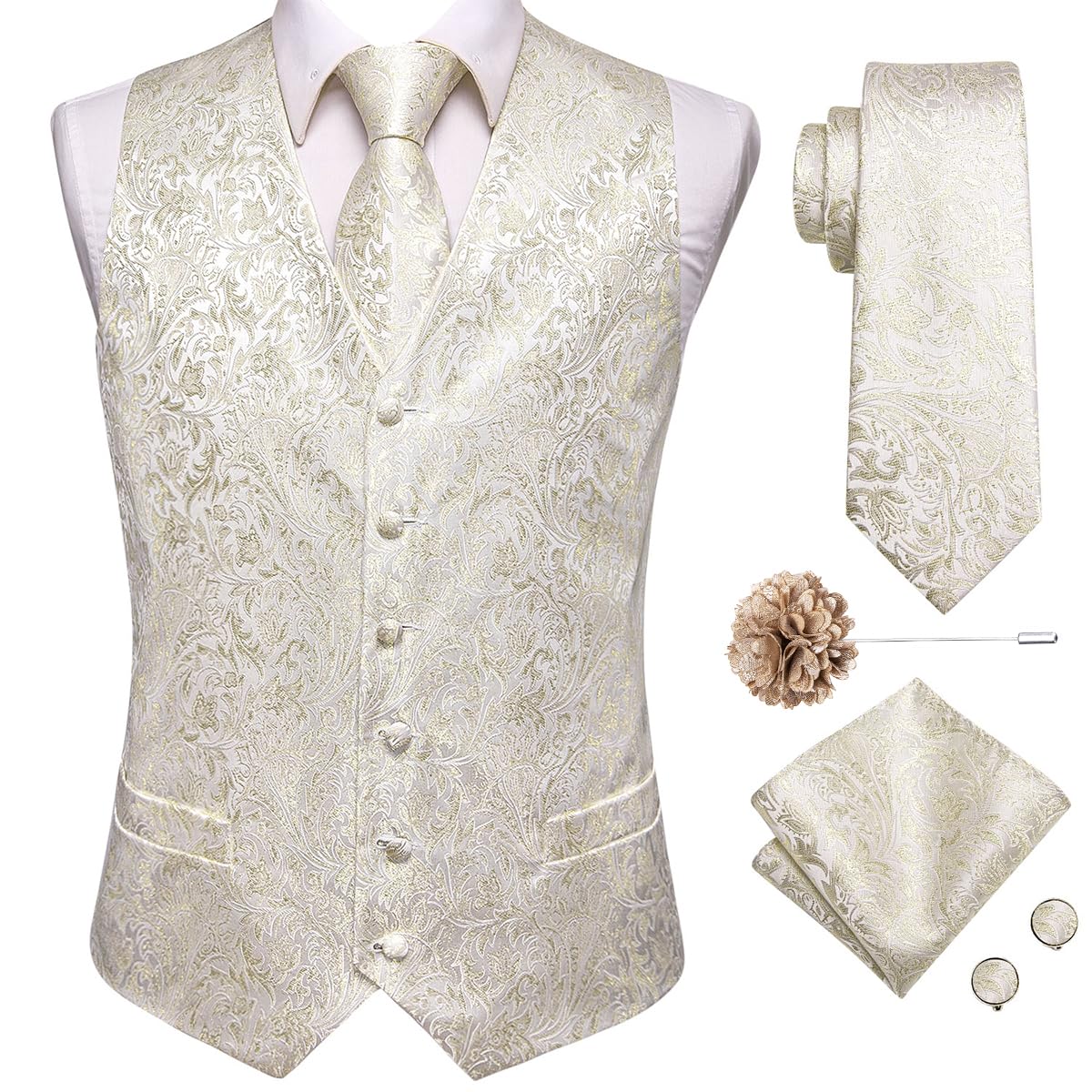 Hi-Tie White Gold Waistcoat for Men Silk Tie Set Jacquard with Necktie Pocket Square Cufflinks Lapel Pin Formal Wedding Tuxedo Image