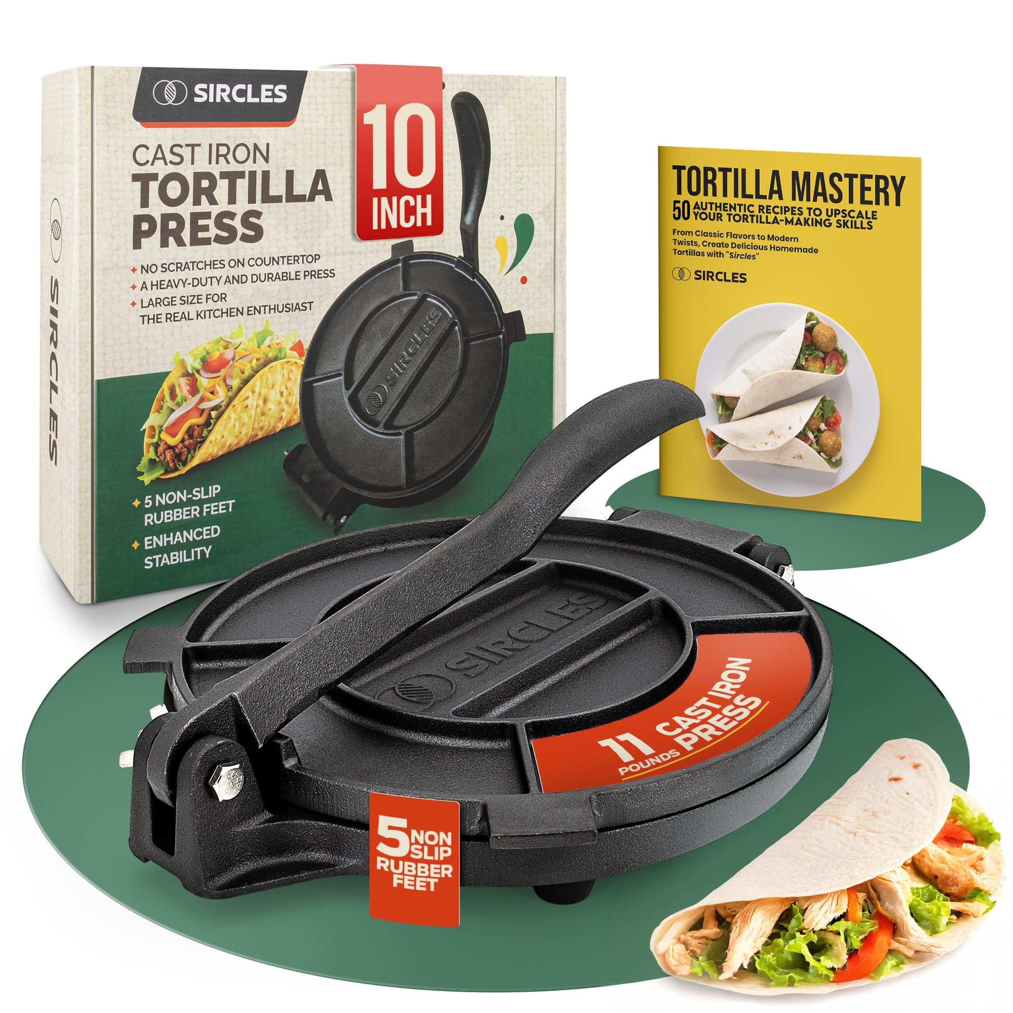 Photo 1 of SIRCLES Tortilla Press 10 Inch Cast Iron - Extra Large, Heavy Duty 10 Inch Tortilla Press - Ebook 50 recipes - 5 Non-Slip Rubber Feet - Pre-Seasoned - Prensa Para Tortillas (Large 10 inch)