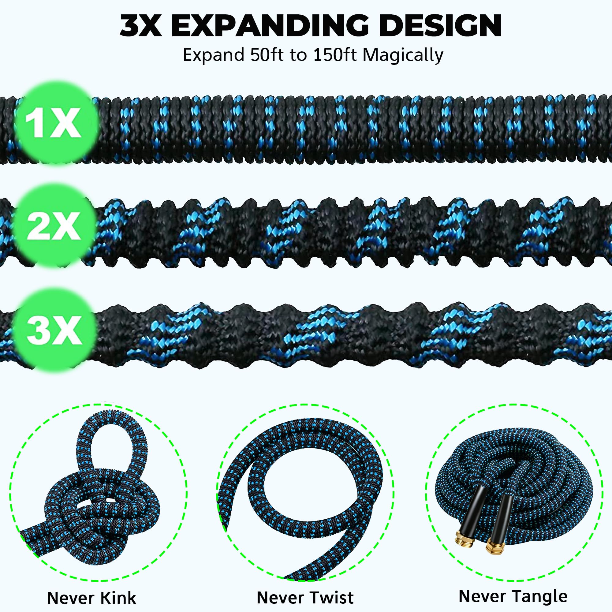 Condition photo showing New/Like New for expandable garden hose 150 ft with 10 function spray nozzle, flexible, kink free, leak-proof, ultra
