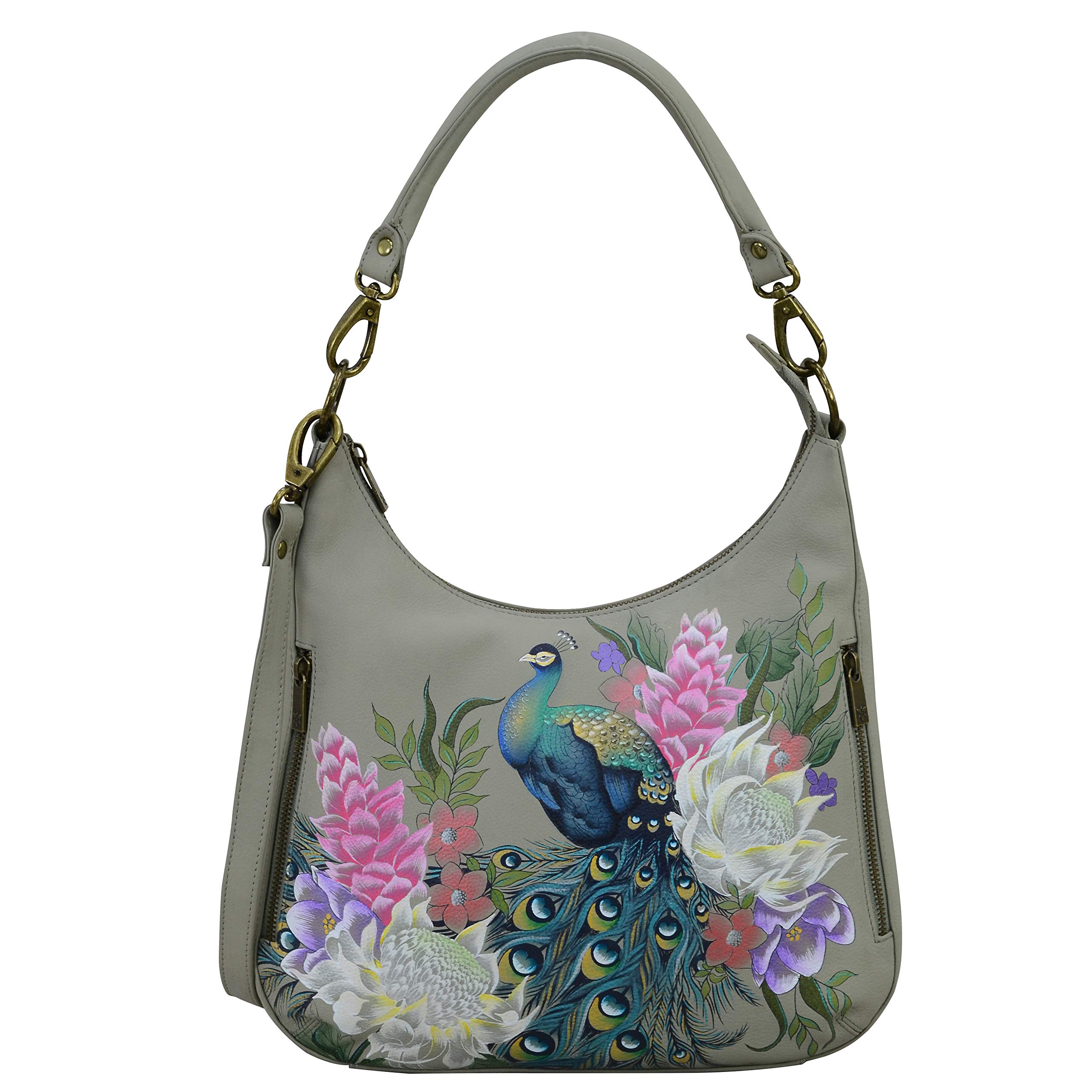 Anuschka Hand Painted Women’s Genuine Leather Convertible Slim Hobo with Crossbody Strap - Regal Peacock