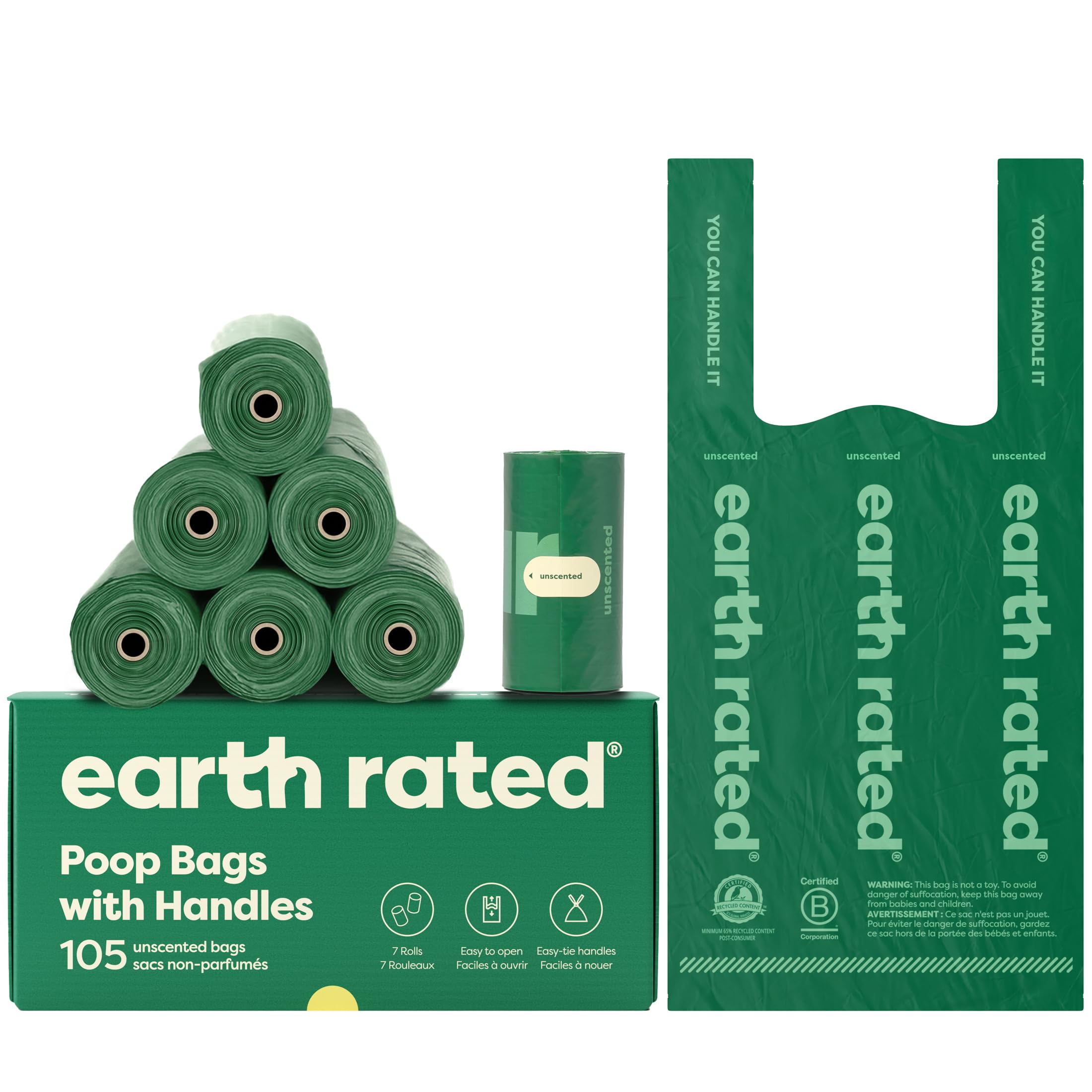 Photo 1 of Earth Rated Dog Poop Bags with Handles on Refill Rolls, Easy-Tie on a Compact Roll, Extra Wide Opening, Guaranteed Leak-Proof, Unscented, 105 on Rolls