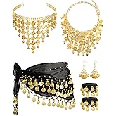 Hinly Gypsy Costume Women Belly Dancer Jewelry Hip Scarf with Coin, Gypsy Headpiece Gold Necklace Earrings Bracelets
