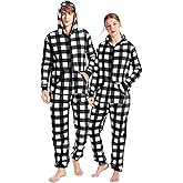 Loiahoer Unisex Adults Buffalo Plaid Onesie Pajamas Hooded Christmas PJS for Family Jumpsuit Thermal with Pockets Zipper
