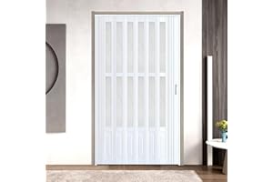 104RDHOUSE 48x80in White Accordion Door with Frosted Acrylic Glass,PVC Folding Closet Door with Installation Hardware，Includes Handle and Latch