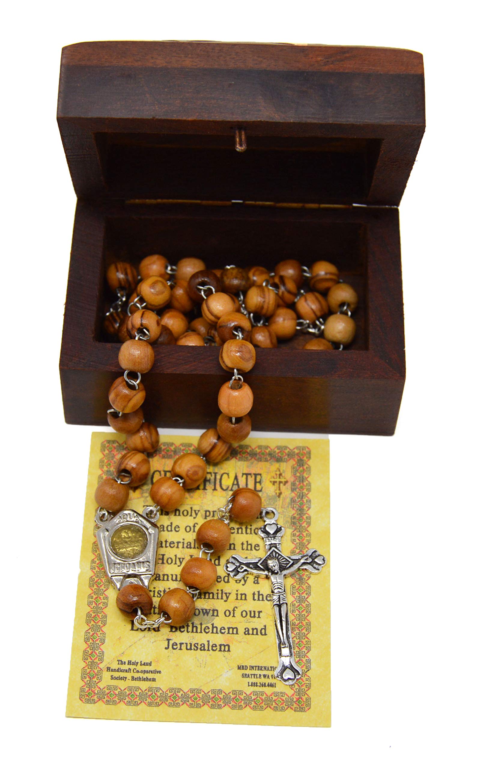 Holy Land Olive Wood Rosary Round Beads with Holy Water in The Centerpiece with Jerusalem Cross from Bethlehem and Wooden Hand Carved Jewelry Box