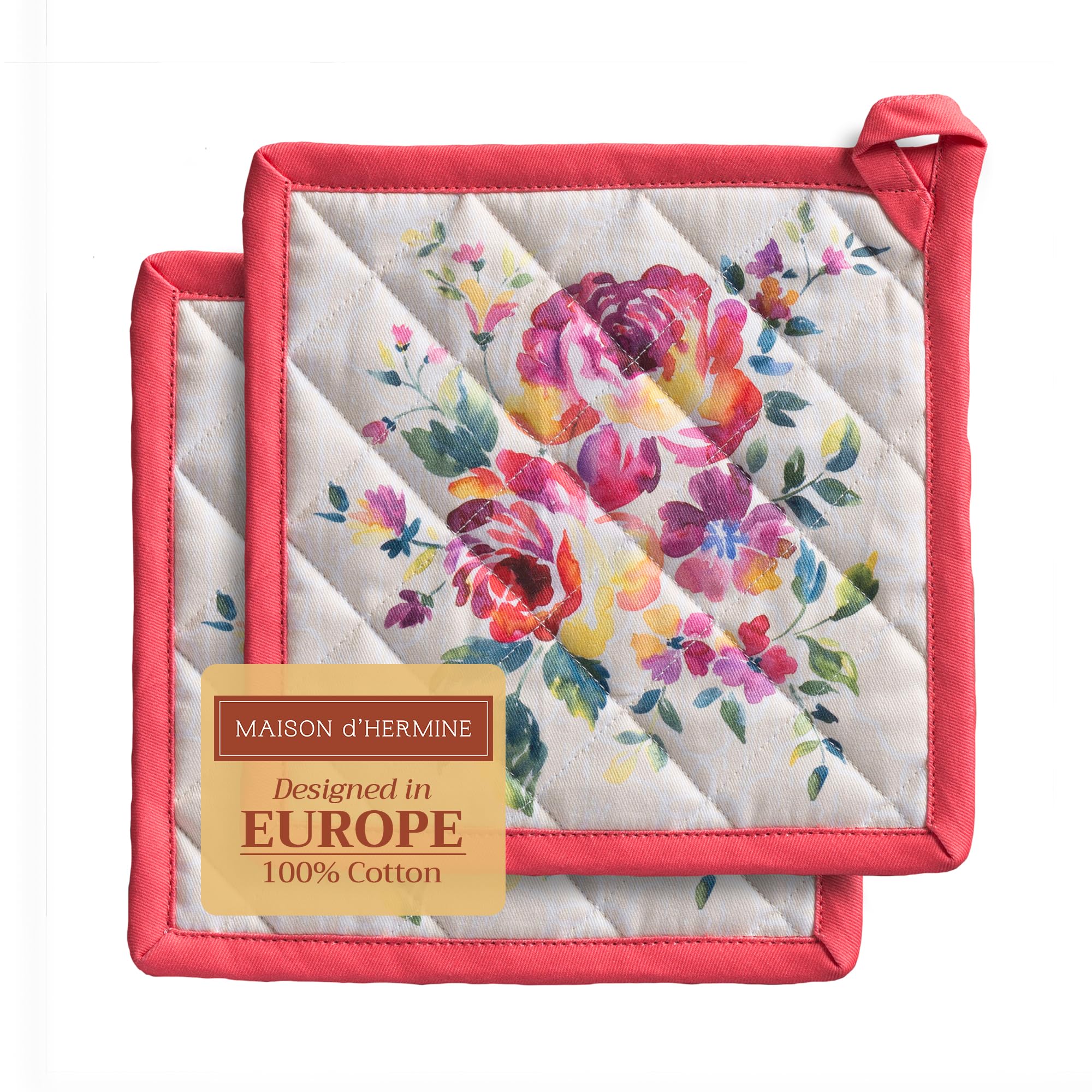 Maison d' Hermine Pot Holders Set 100% Cotton Heat Resistant Potholders 20 cm x 20 cm Hot Pads with Loop for BBQ Cooking Baking Handling Hot Pans Gifts for Mothers Day (Pack of 2, Rose Garden)
