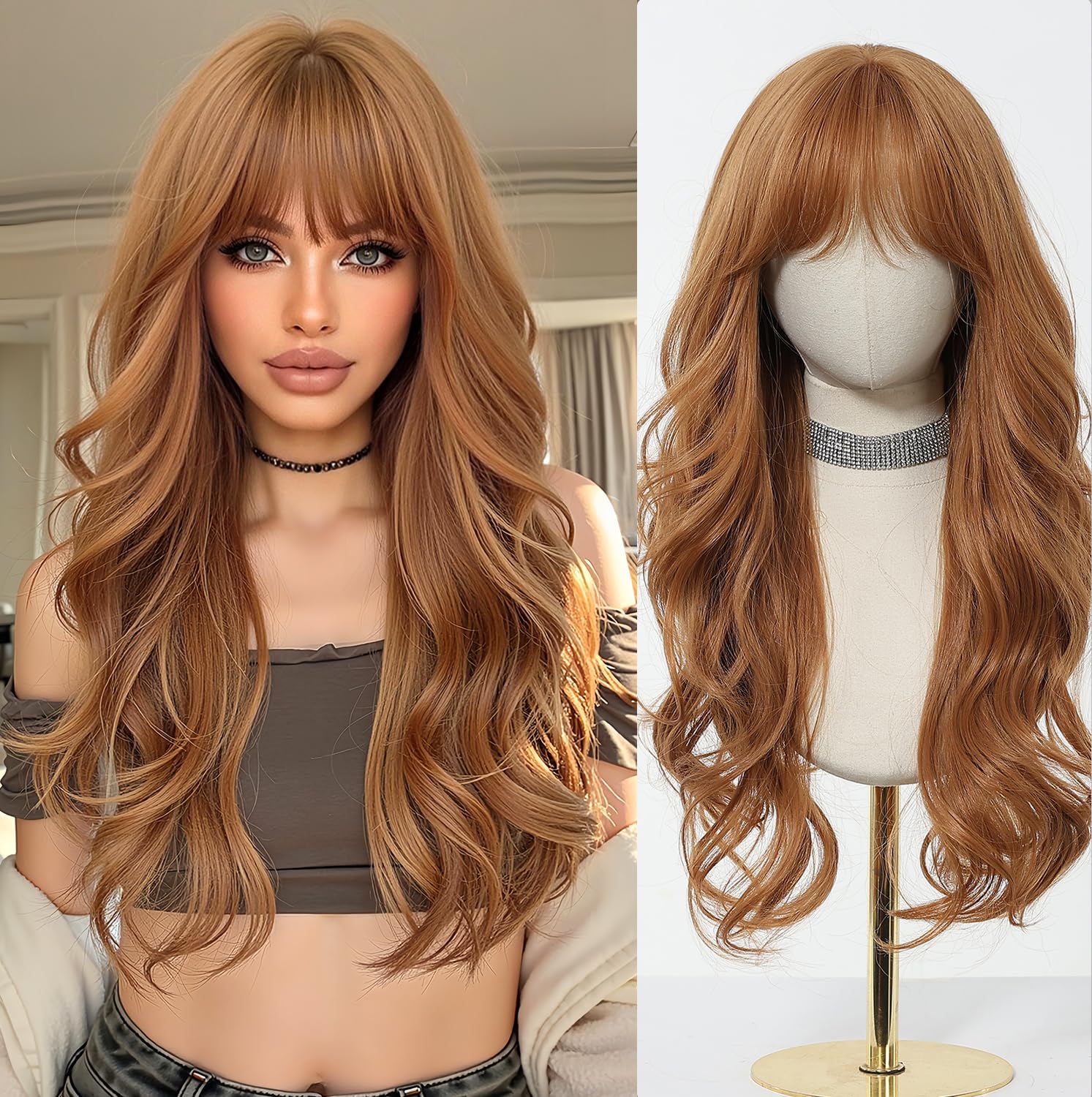 Esmee Long Wavy Strawberry Blonde with Fringe Wigs for Women Natural Synthetic Heat Resistant Hair Curly Wig for Party Daily Use — image 1
