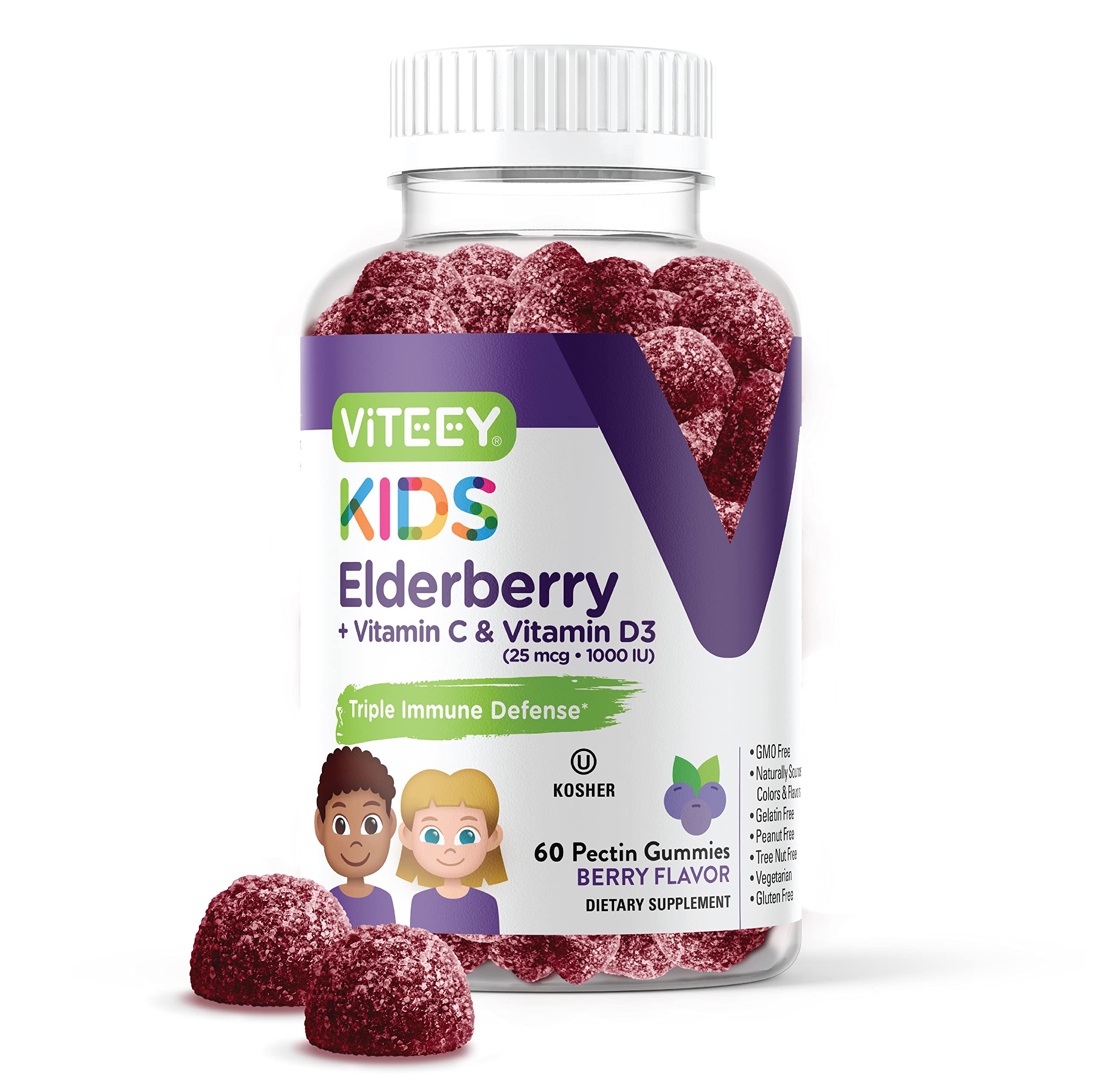 Viteey Sambucus Elderberry for Kids Immune Support Supplements with Vitamin D3 & Vitamin C - 3-1 Immune Booster - Vegetarian, Gelatin Free, Gluten Free, GMO Free - Tasty Chewable Berry Flavored Gummy
