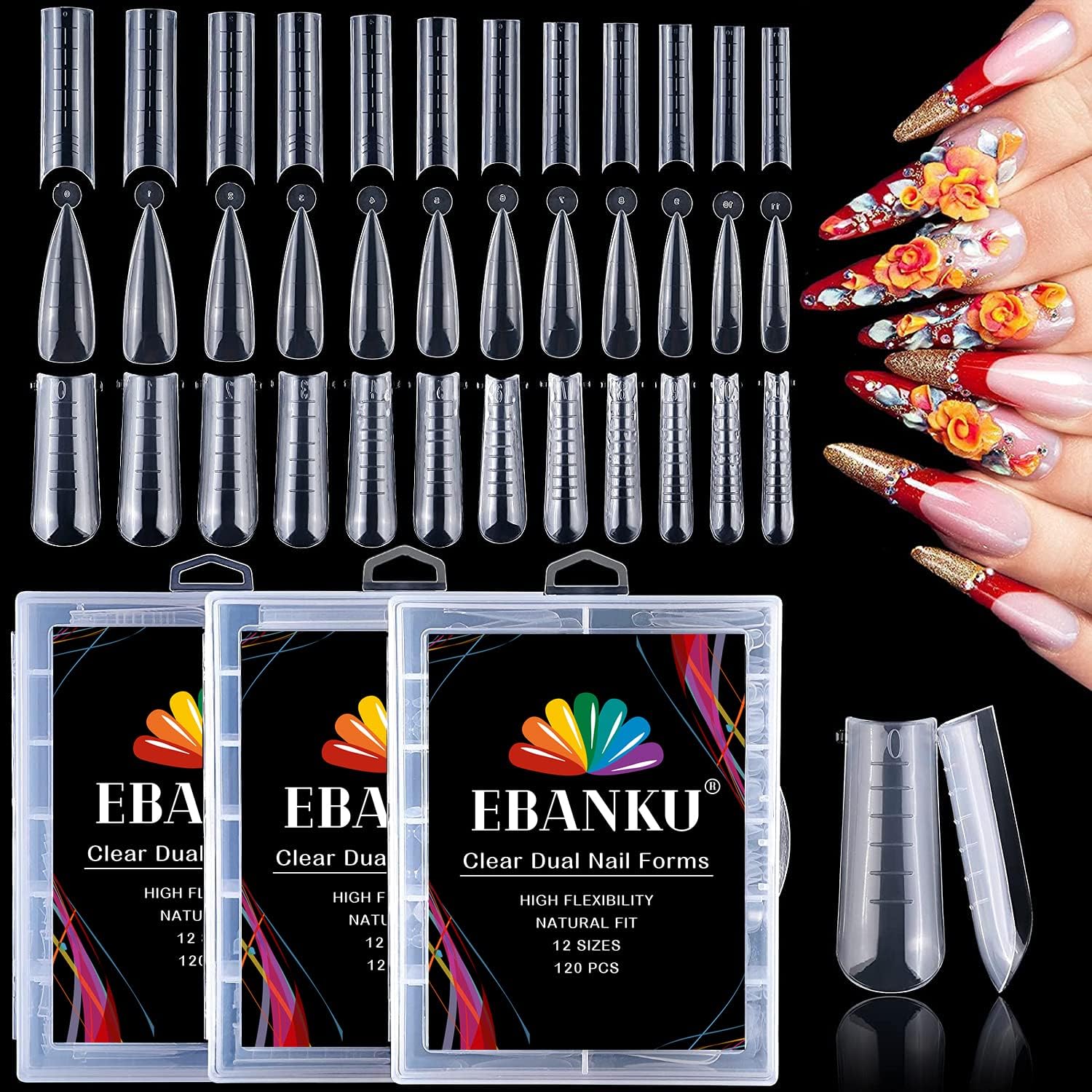 EBANKU 360pcs Clear Dual Nail Forms System, 3 Shapes Dual Nail System Acrylic Full Cover Poly Nail Mold Tips for Gel Nail Extension,12 Size with Scale Nails Manicure Tools (Style B)