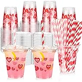 Ferrochef 50 Set 12 oz Valentine's Day Disposable Plastic Cups with Lids and Paper Straws Pink Red Heart Love Cups for Beverage Drinking Hot Cold Coffee Wedding Birthday Anniversary Party Supplies