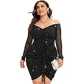 LAPA Women's Plus Size Sexy Dress, Off Shoulder Ruched Bodycon Mesh Long Sleeve Party Cocktail Dresses