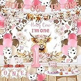 Highland Cow 1st Birthday Decorations for Girl Floral Boho Holy Cow Im One Birthday Backdrop Pink First Bday Chair Banner Honeycomb Cupcake Topper for Bohemian Animal One Year Old Party Supplies