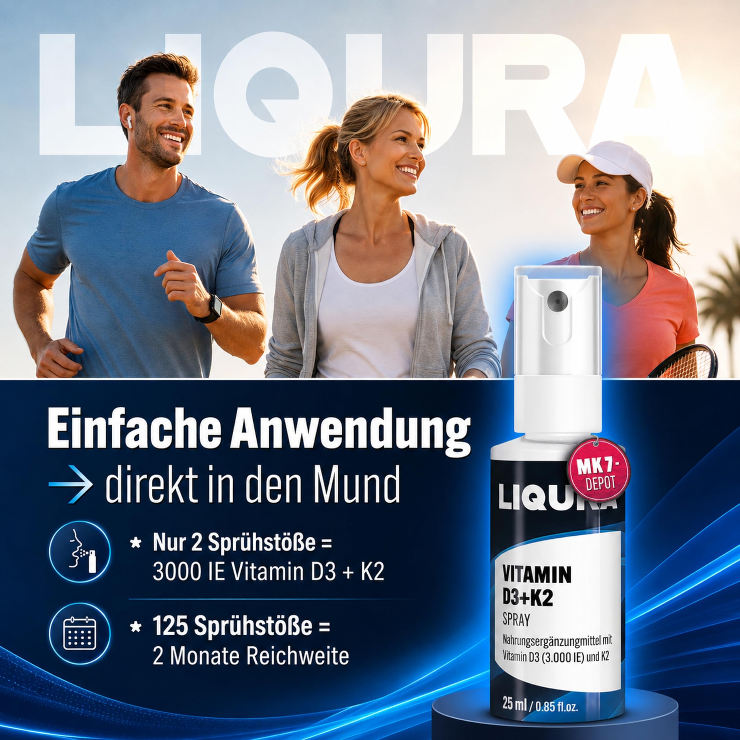 LIQURA Vitamin D3 K2 Spray mit MK7-Depot - hochdosiert (3000 IE) in 2 Sprühstößen - Einfache Dosierung und Alternative zu Vitamin D3 K2 Tropfen oder Kapseln. 125 Sprühstöße, 2 Monate, Vegan 25ml 3