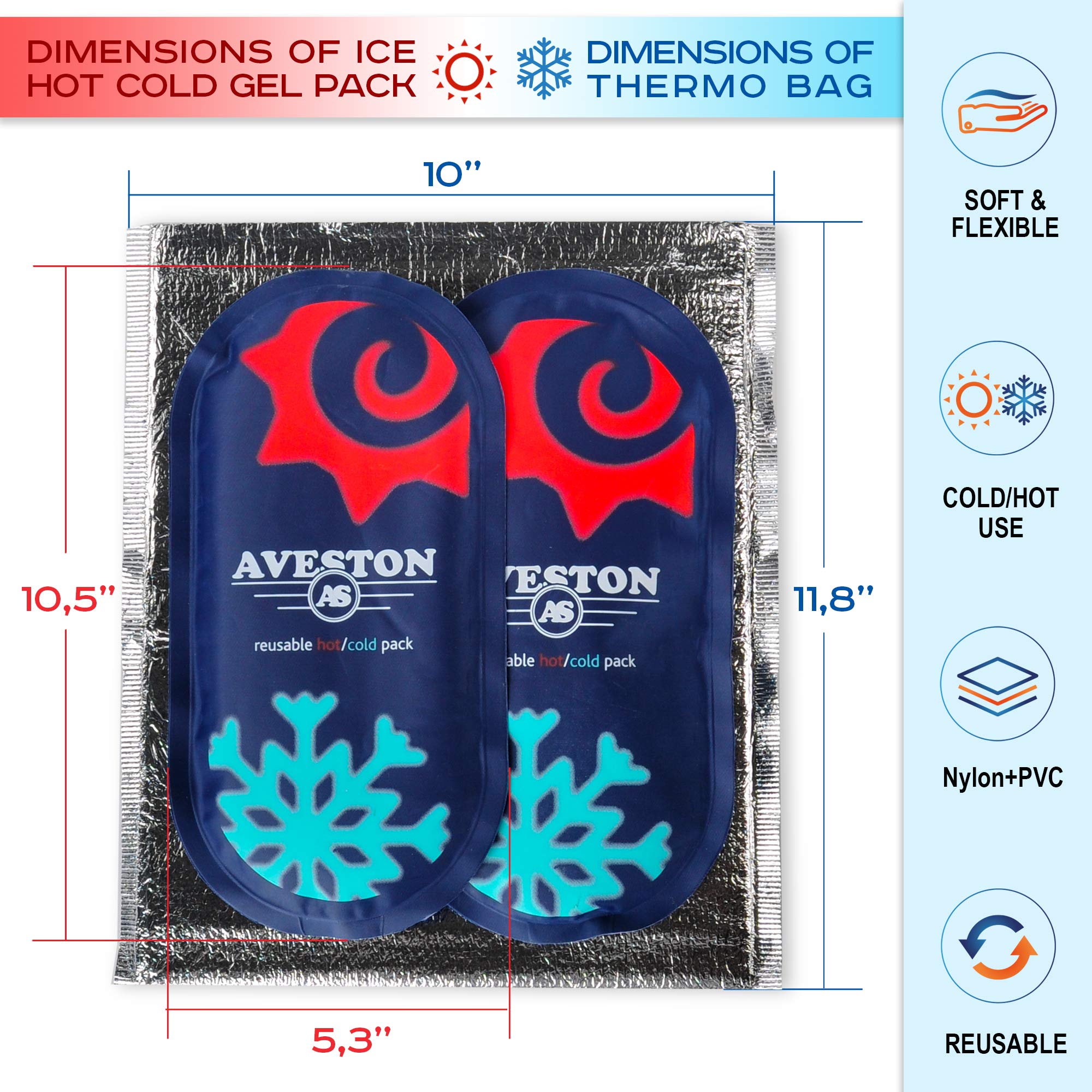 AVESTON Ice Gel Cold Pack for Injuries – Reusable Flexible 2 Ice Packs Set for Knee Ankle Back Shoulder Neck Hot Cold Therapy Compress for Women Men + Free Thermal Bag