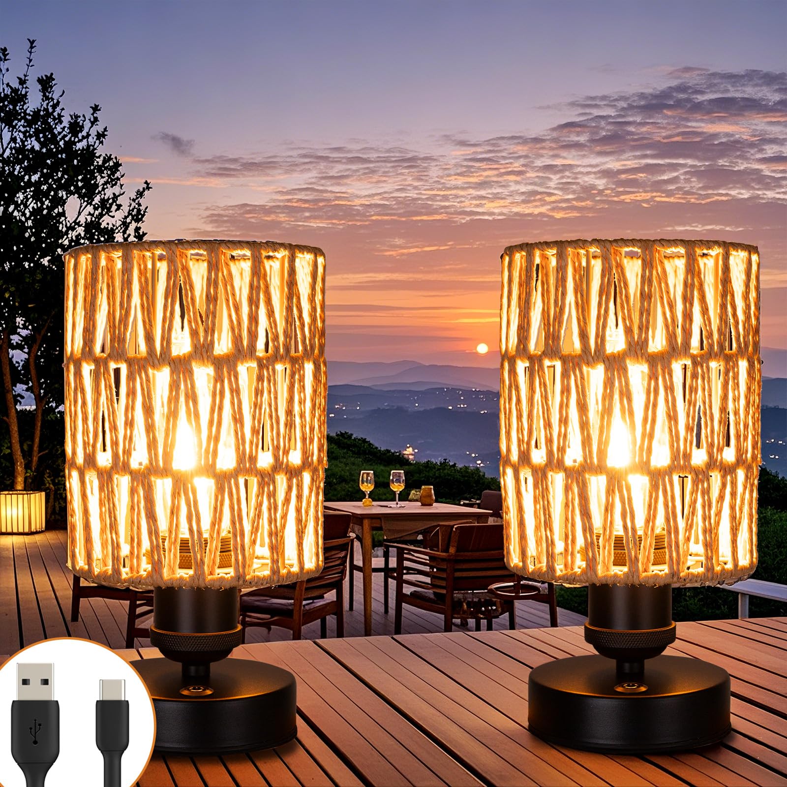 Photo 1 of ALL FORTUNE Cordless Rechargeable Outdoor Table Lamps, Battery Operated Table Lamp, Stepless Dimmable for Patio, Living Room, and Bedroom (Bulb Included) - Set of 2 (Beige)