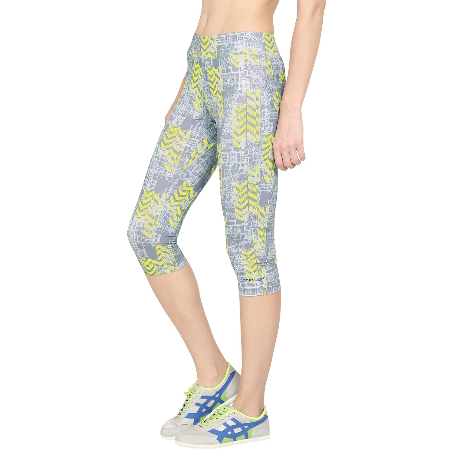 onesport grey & yellow slim fit sports capri for women(onsp39gp)