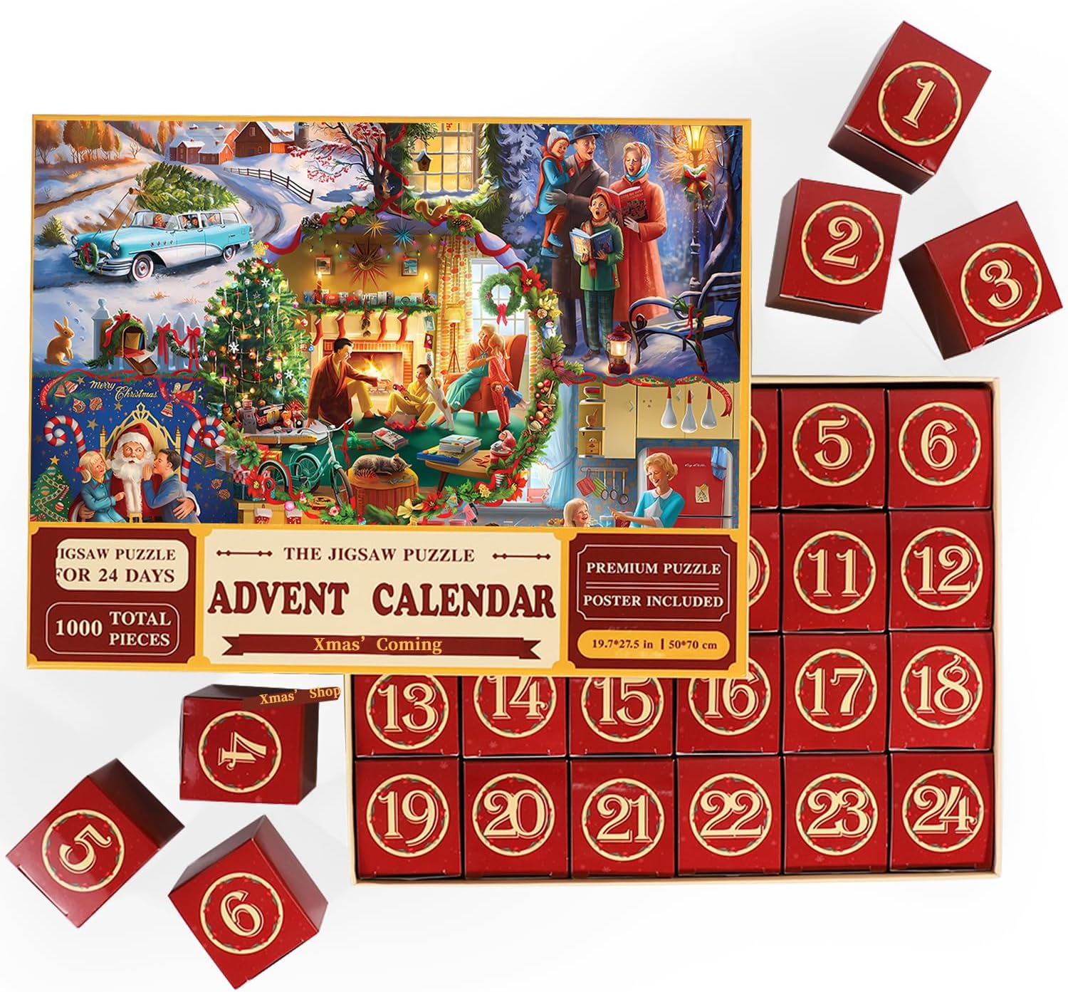 Advent Calendars - Advent Calendar 2023 Christmas Jigsaw Puzzles, Xmas' Coming Puzzles for Adults Kids, 24 Parts 1000 Pieces Christmas Countdown Calendars Jigsaw Puzzles Gift Puzzle Home Decoration